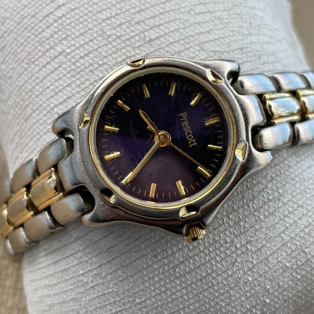 Prescot Ladies Wristwatch Silver/Gold Tone Blue Face Quartz Analog Japan Movt - Picture 4 of 11